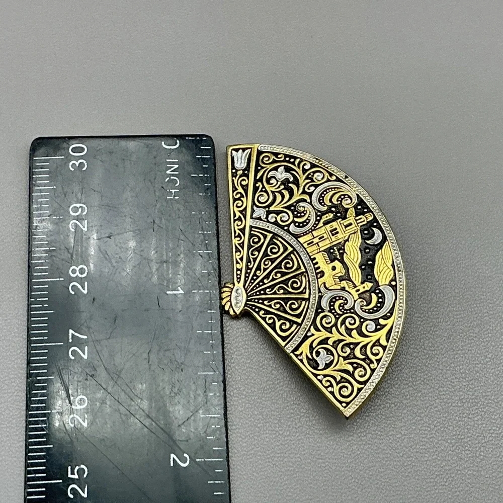 Gold Tone Fan Brooch Pin Damascene Cityscape Black Enamel Costume Jewelry 2